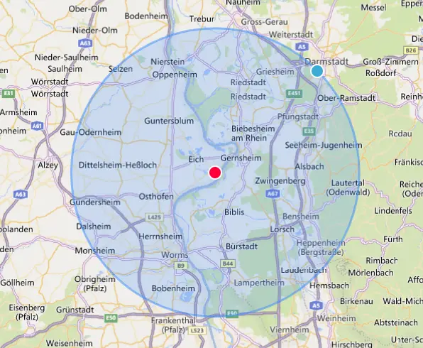 Servicegebiet Karte mit 20km Umkreis um Hamm am Rhein